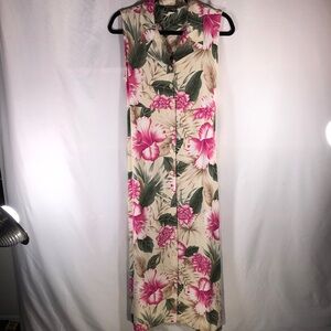 NWOT Hawaiian Maxi Cream and Pink Sleeveless Button Up Dress SM